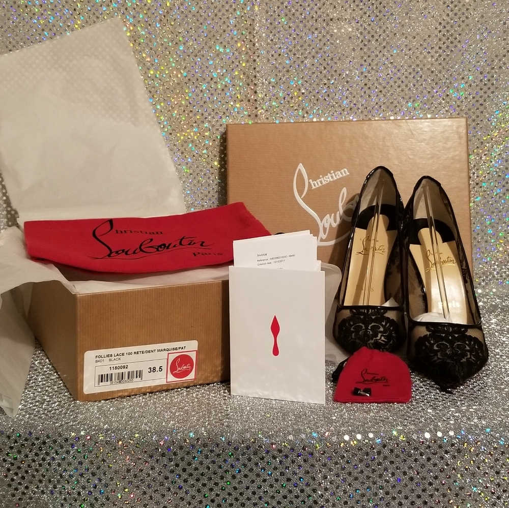 Louboutin Follies Lace 100 Black Rete/Dent Marquise/Pat sz 38.5 Complete Set